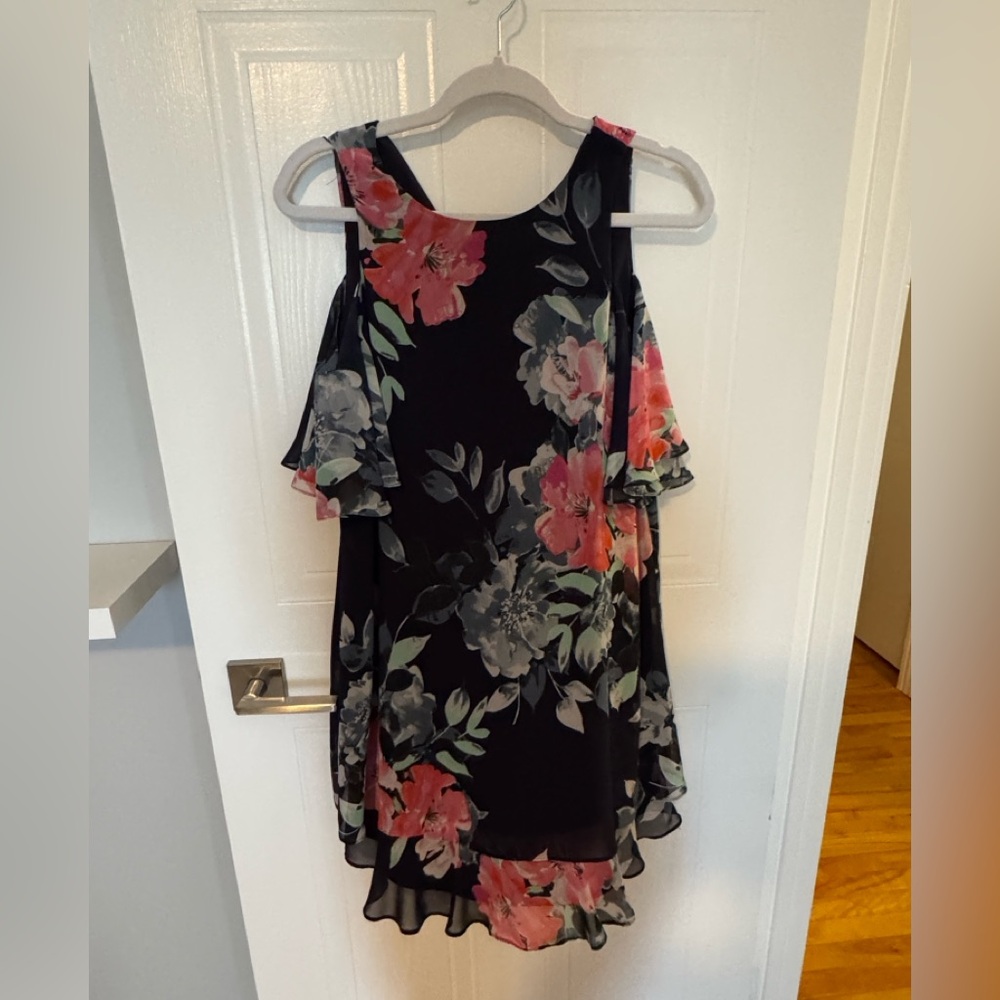 Eliza J Pink and Blue Ruffled Cold Shoulder Midi Dress